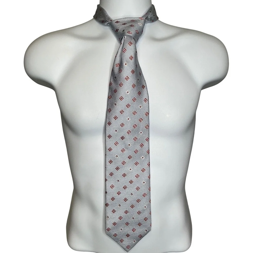 Vintage Guy Laroche Paris Mens Silk‎ Tie Silver Red Diamond Pattern Retro 70's